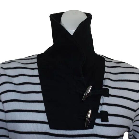 LAUREN RALPH LAUREN Sweater, L Black/White stripes, Shawl Collar/Toggle buttons - Picture 6 of 12